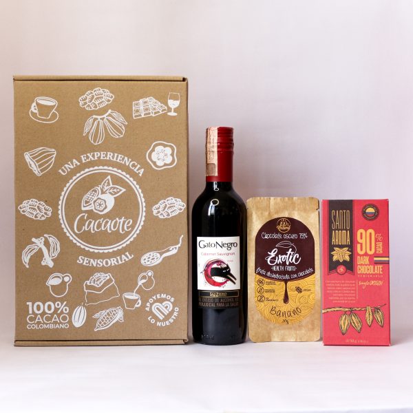 Caja Experiencial con Vino 375 ml +  Barra de chocolate Santo aroma + Frutas deshidratadas cubiertas de chocolate 30g + instrucciones de cata.