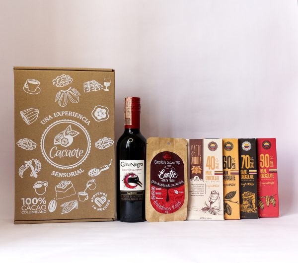 Caja Experiencial con Vino 375 ml + 4 Barras de chocolate Santo aroma + Frutas deshidratadas cubiertas de chocolate 30g + instrucciones de cata